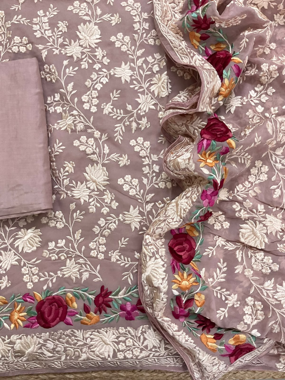 Pure Fine Georgette Embroidered Suit - Onion Pink