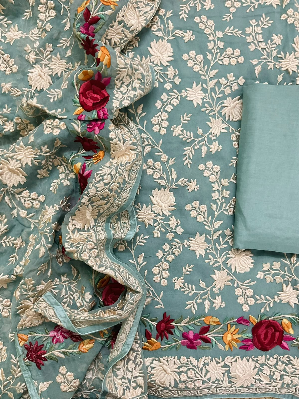 Pure Fine Georgette Embroidered Suit - Blue