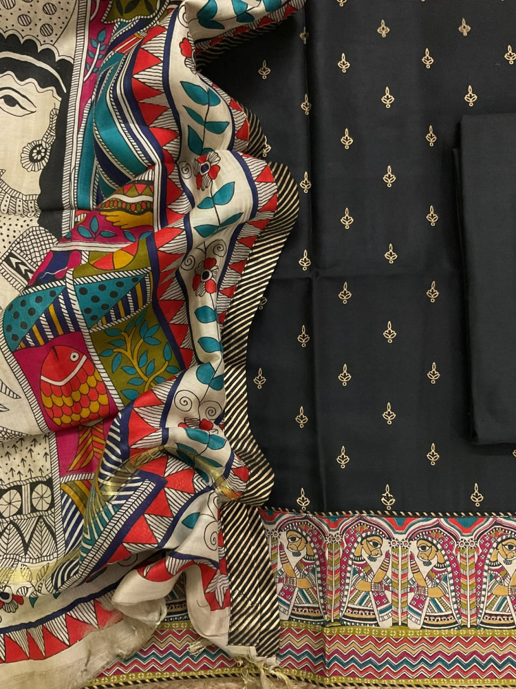 Image of Pure Chanderi Printed Suit - Black