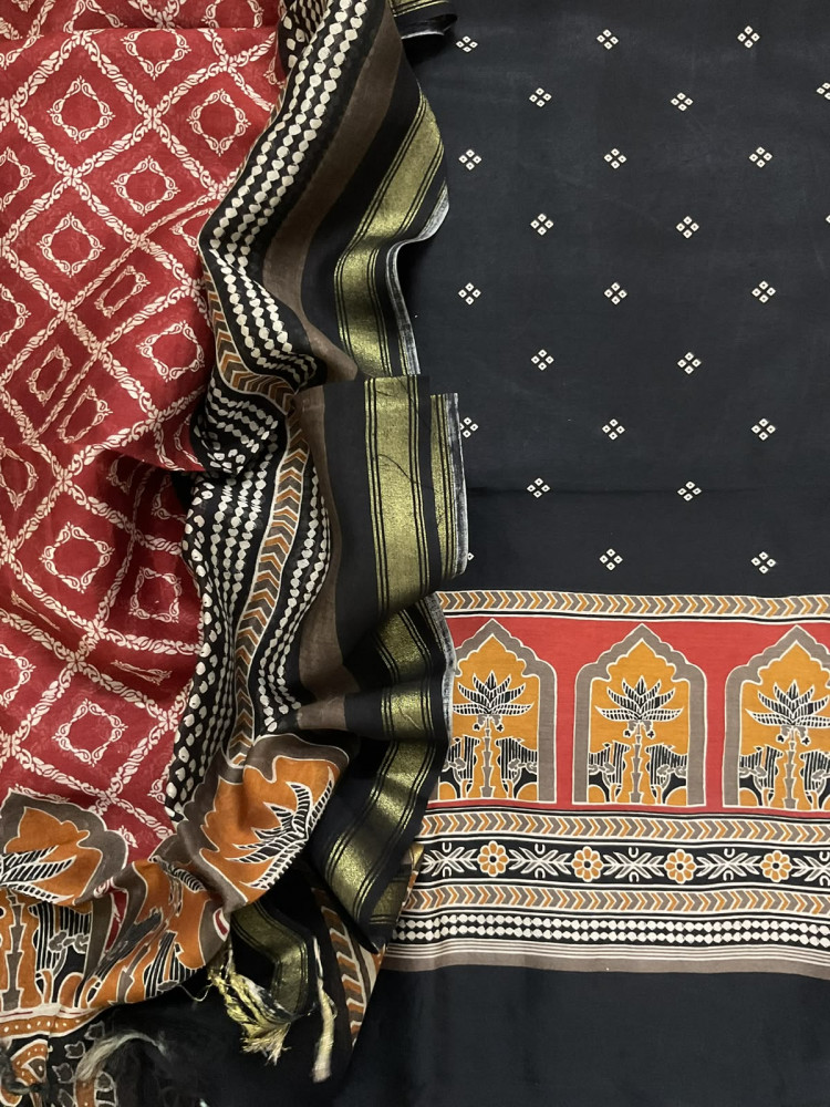 Image of Pure Chanderi Printed Suit - Black