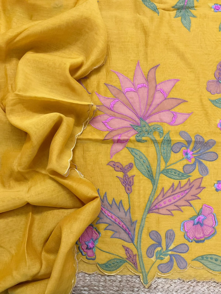 Image of Pure Mul Chanderi Embroidered Suit - Yellow