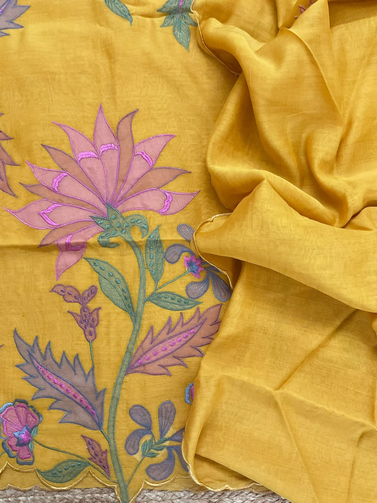 Pure Mul Chanderi Embroidered Suit - Yellow