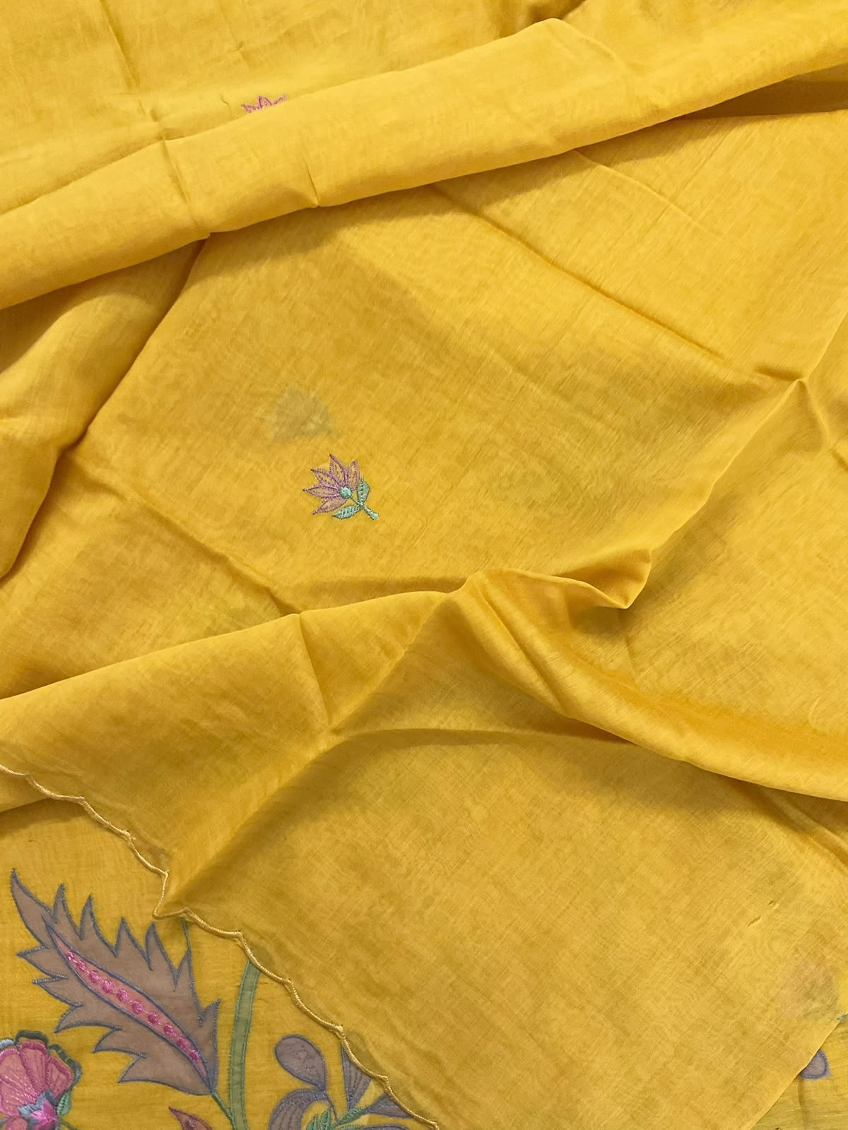 Pure Mul Chanderi Embroidered Suit - Yellow