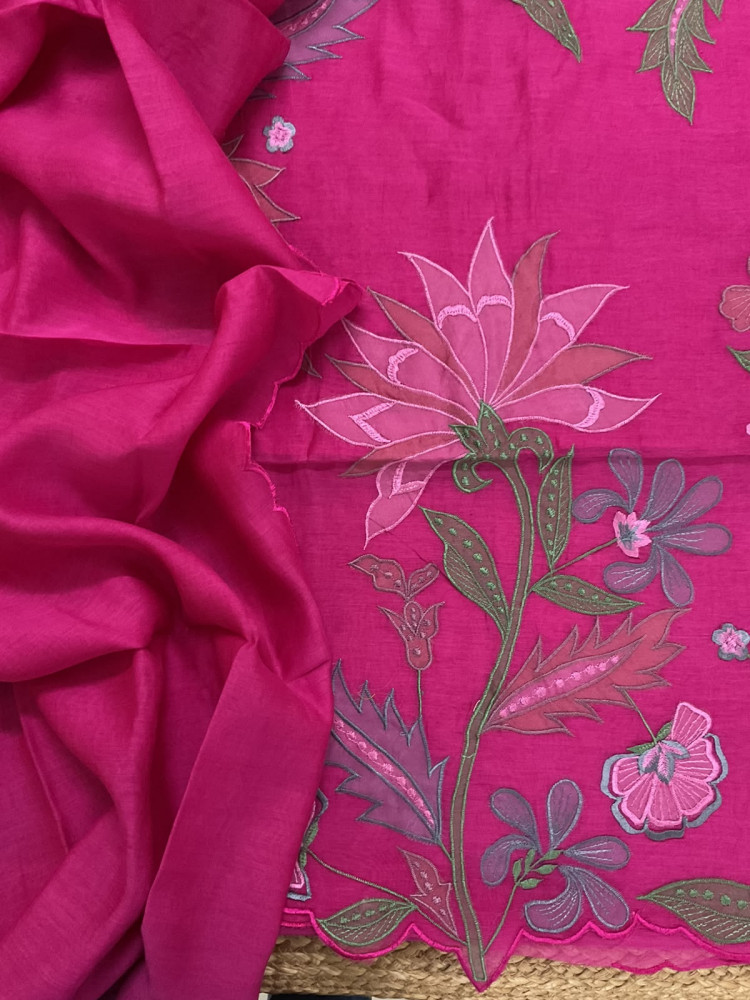 Image of Pure Mul Chanderi Embroidered Suit - Pink