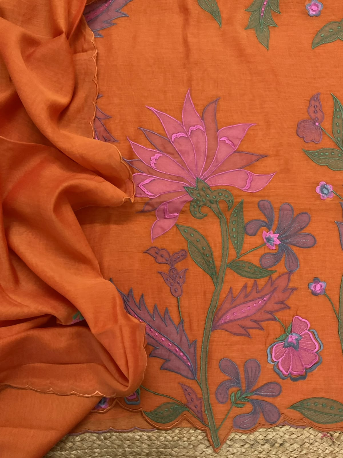 Pure Mul Chanderi Embroidered Suit - Orange