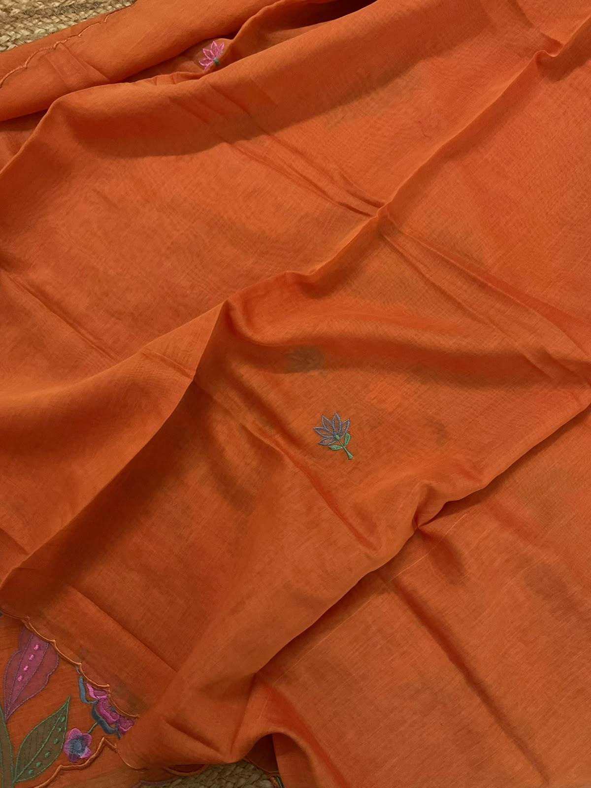 Pure Mul Chanderi Embroidered Suit - Orange