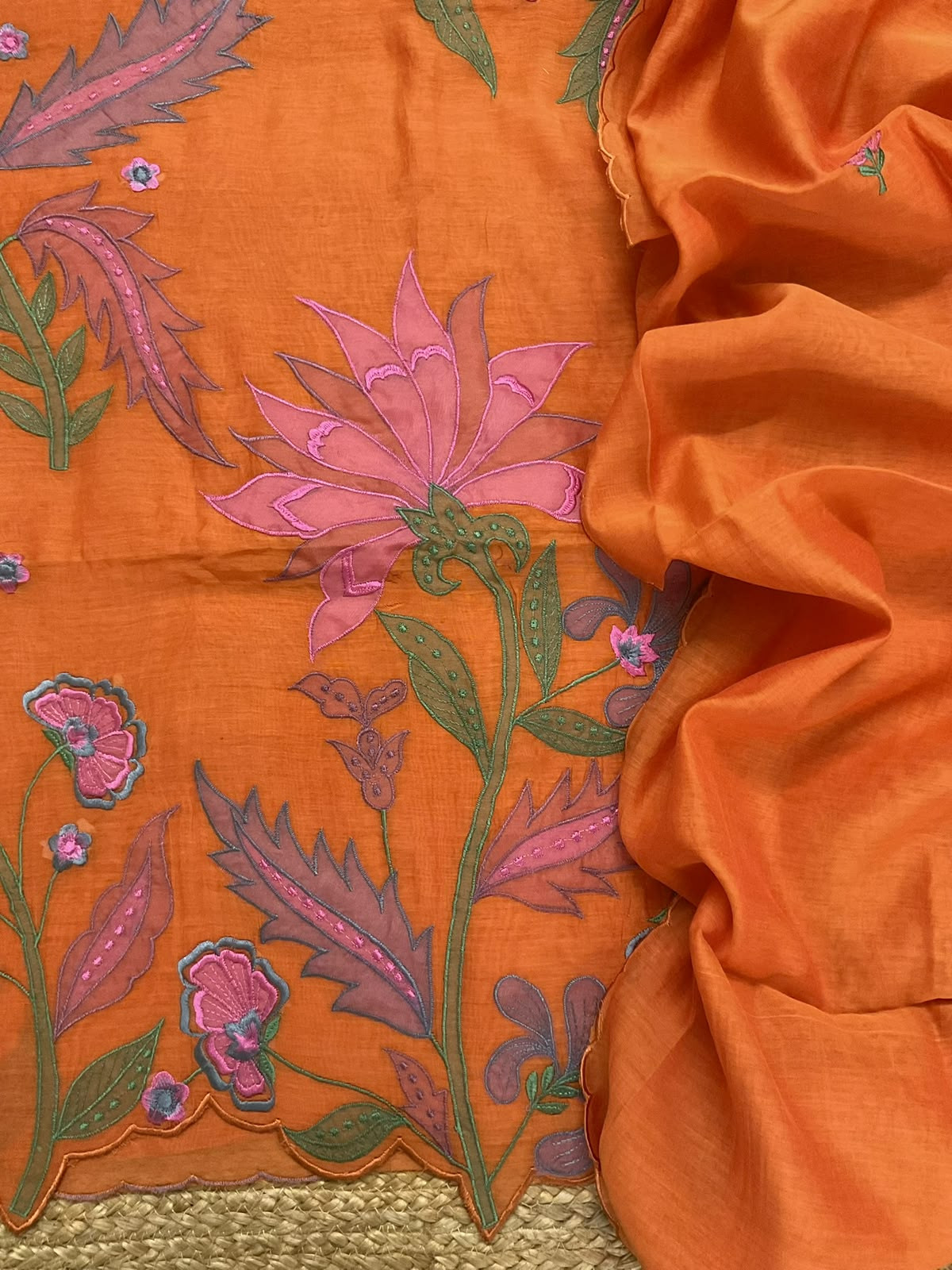 Pure Mul Chanderi Embroidered Suit - Orange