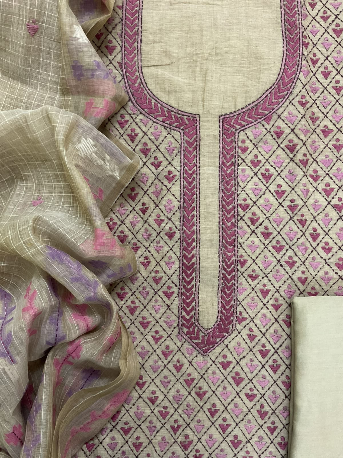 Pure Slub Chanderi Jamdani Weaved Embroidered Suit - Beige