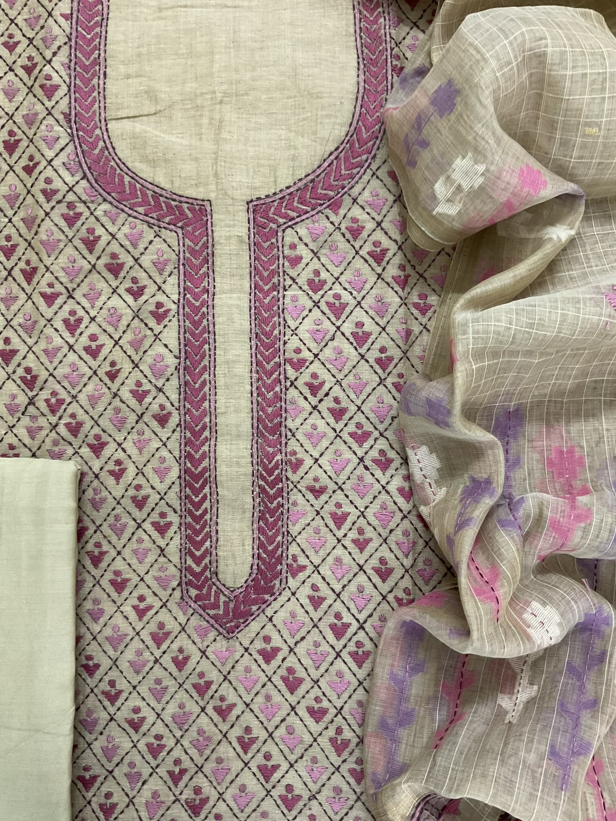 Pure Slub Chanderi Jamdani Weaved Embroidered Suit - Beige