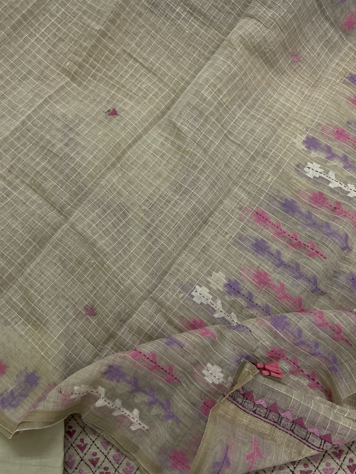 Pure Slub Chanderi Jamdani Weaved Embroidered Suit - Beige