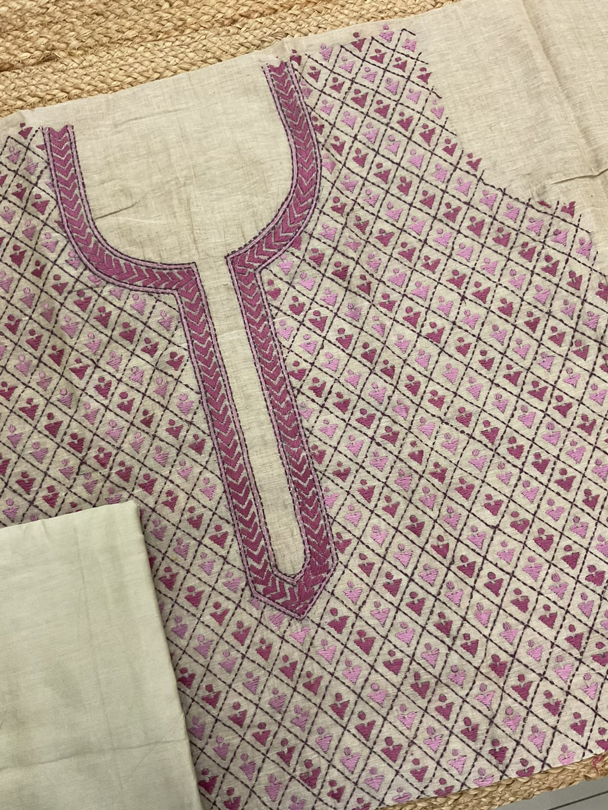 Pure Slub Chanderi Jamdani Weaved Embroidered Suit - Beige