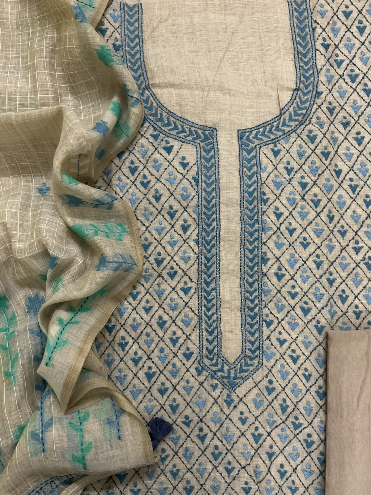 Pure Slub Chanderi Jamdani Weaved Embroidered Suit - Beige