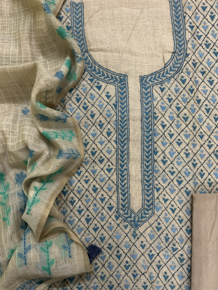 Image of Pure Slub Chanderi Jamdani Weaved Embroidered Suit - Beige
