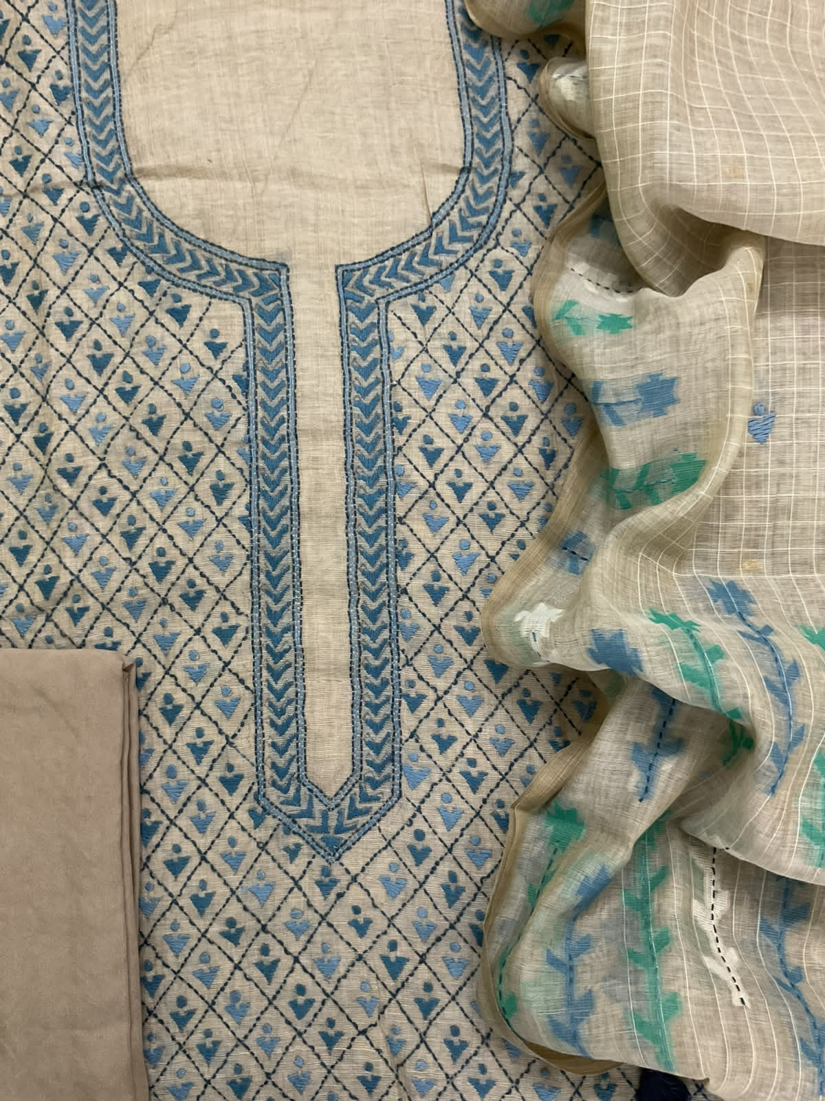 Pure Slub Chanderi Jamdani Weaved Embroidered Suit - Beige