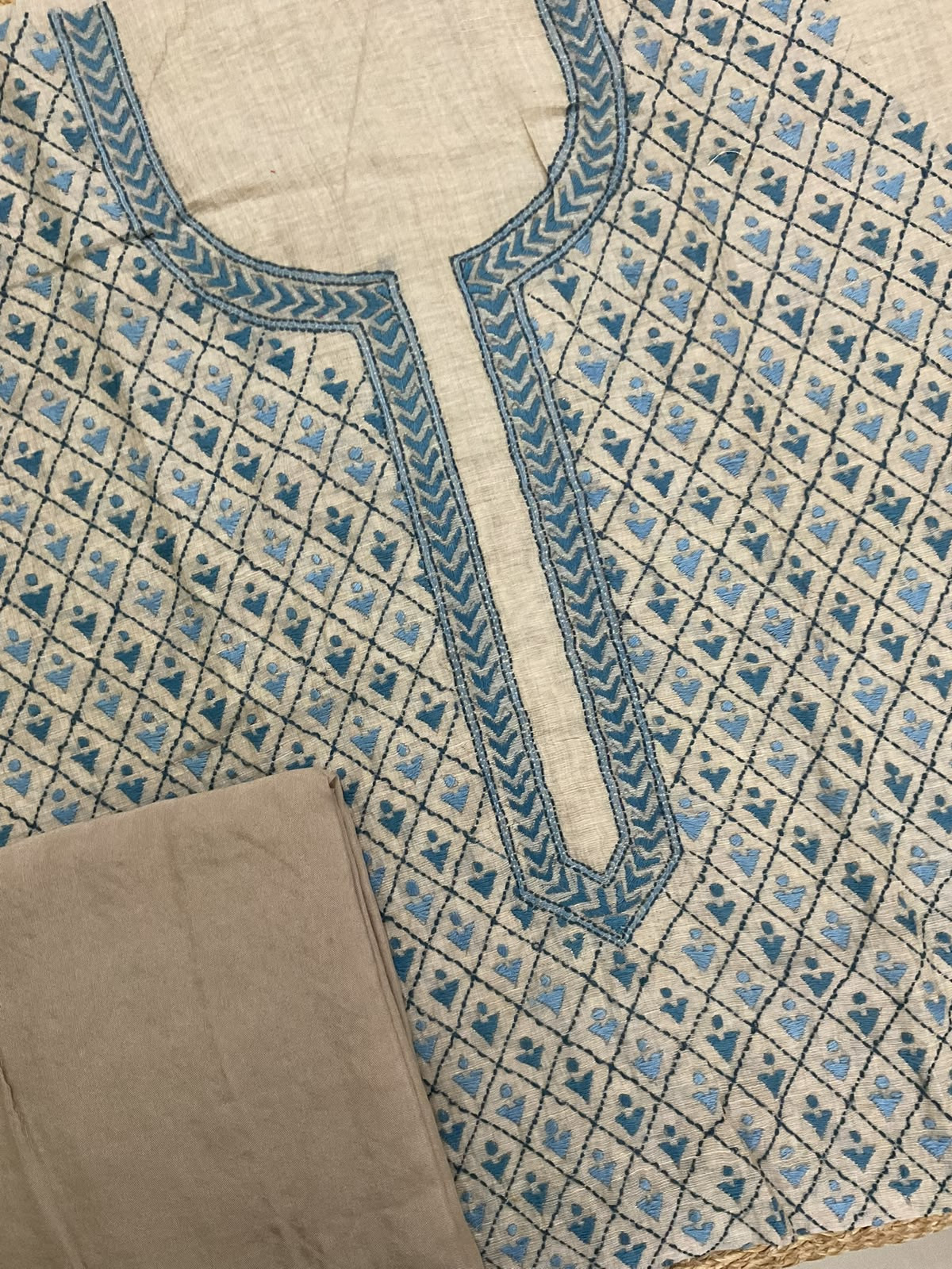 Pure Slub Chanderi Jamdani Weaved Embroidered Suit - Beige