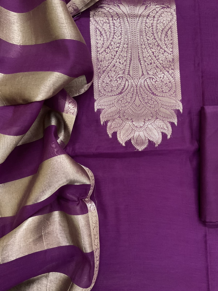 Image of Pure Mul Chanderi Tissue Banarasi Weaved Suit - Violet
