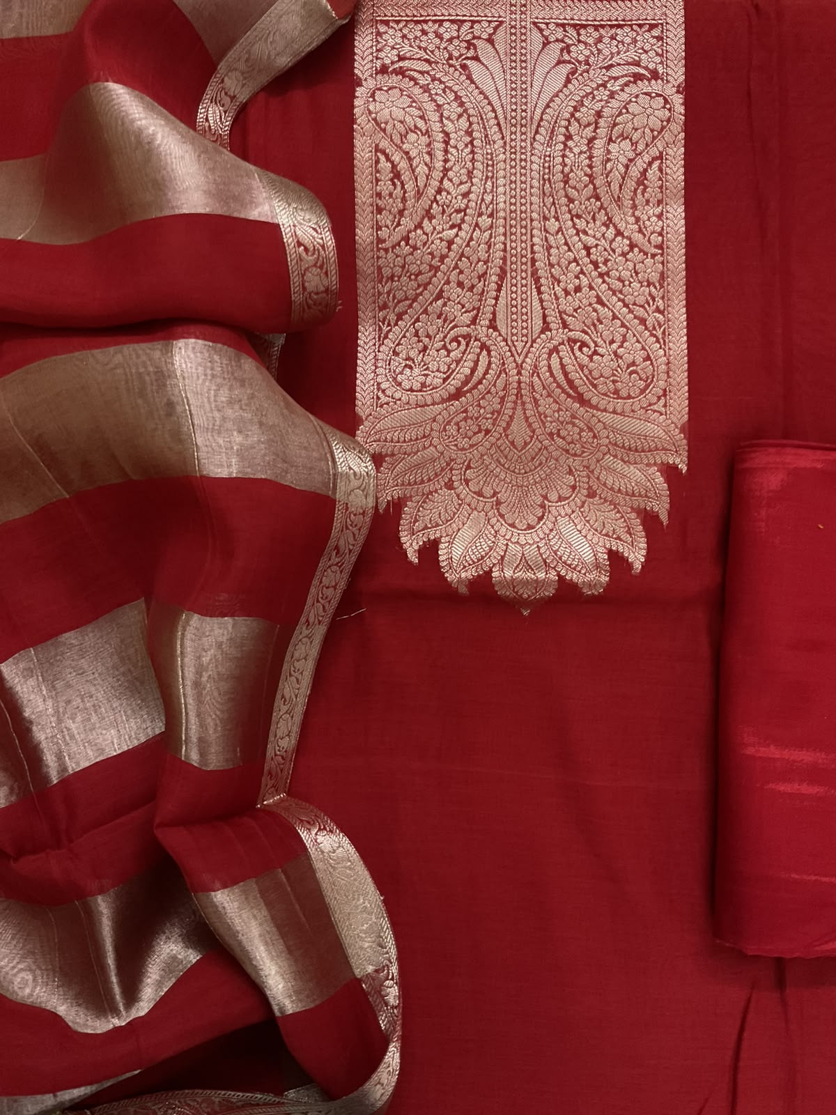 Pure Mul Chanderi Tissue Banarasi Weaved Suit - Dark Red