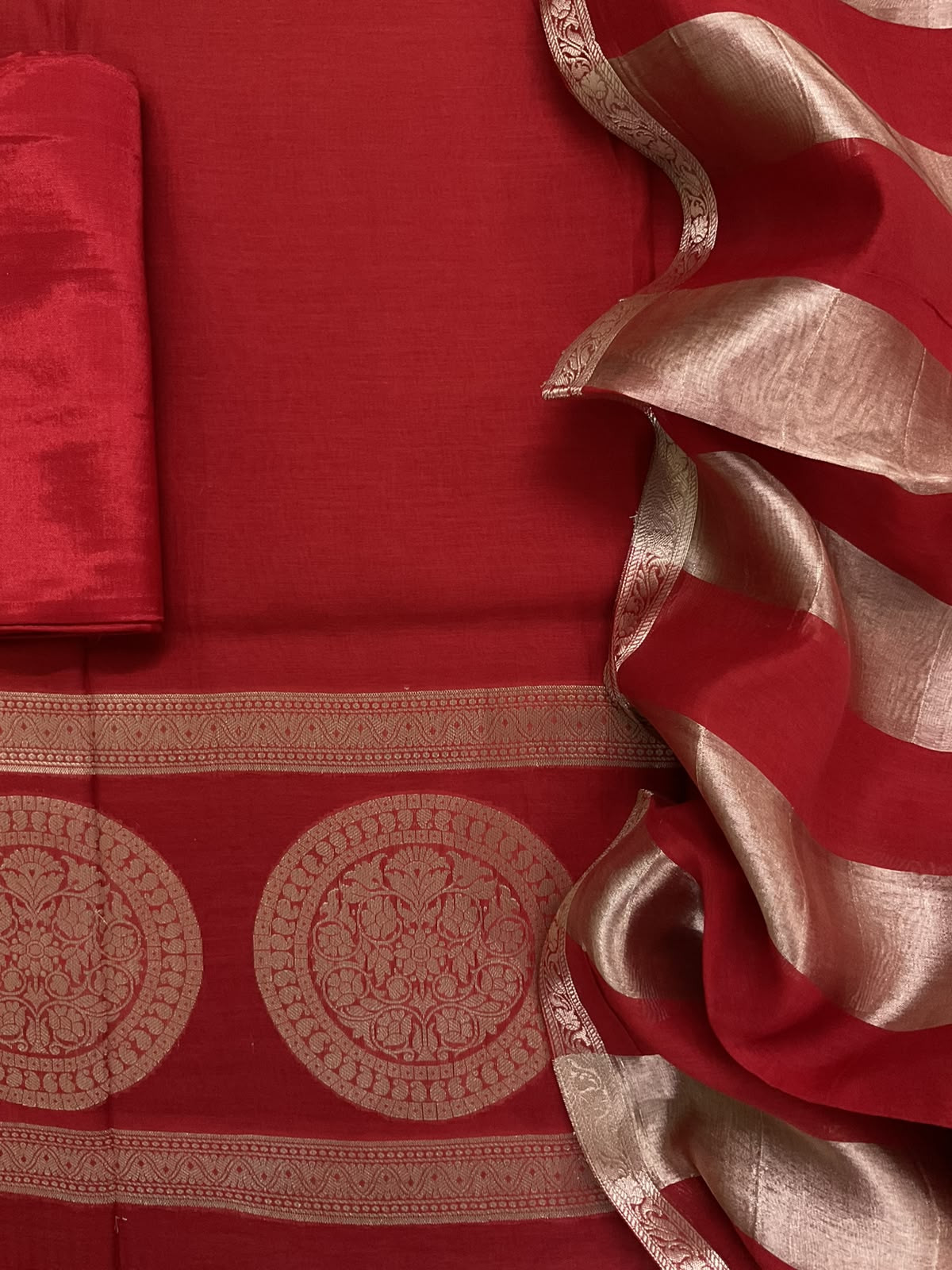 Pure Mul Chanderi Tissue Banarasi Weaved Suit - Dark Red