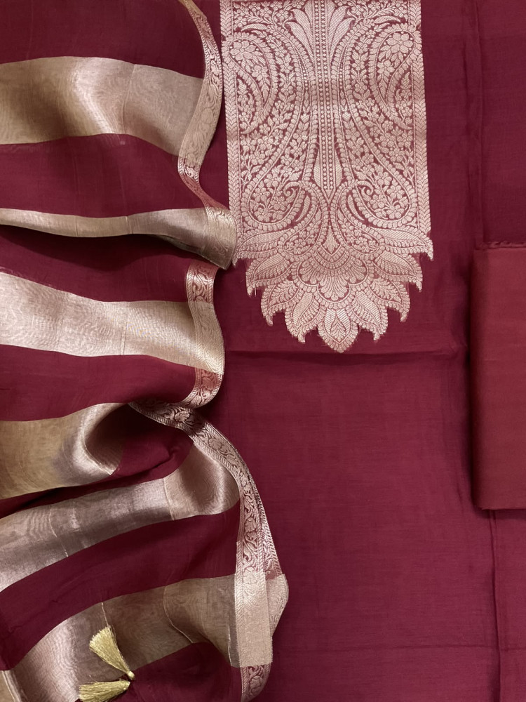 Image of Pure Mul Chanderi Tissue Banarasi Weaved Suit - Maroon