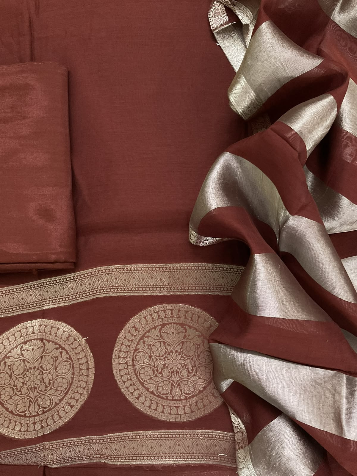 Pure Mul Chanderi Tissue Banarasi Weaved Suit - Brown