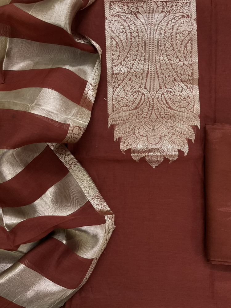 Image of Pure Mul Chanderi Tissue Banarasi Weaved Suit - Brown