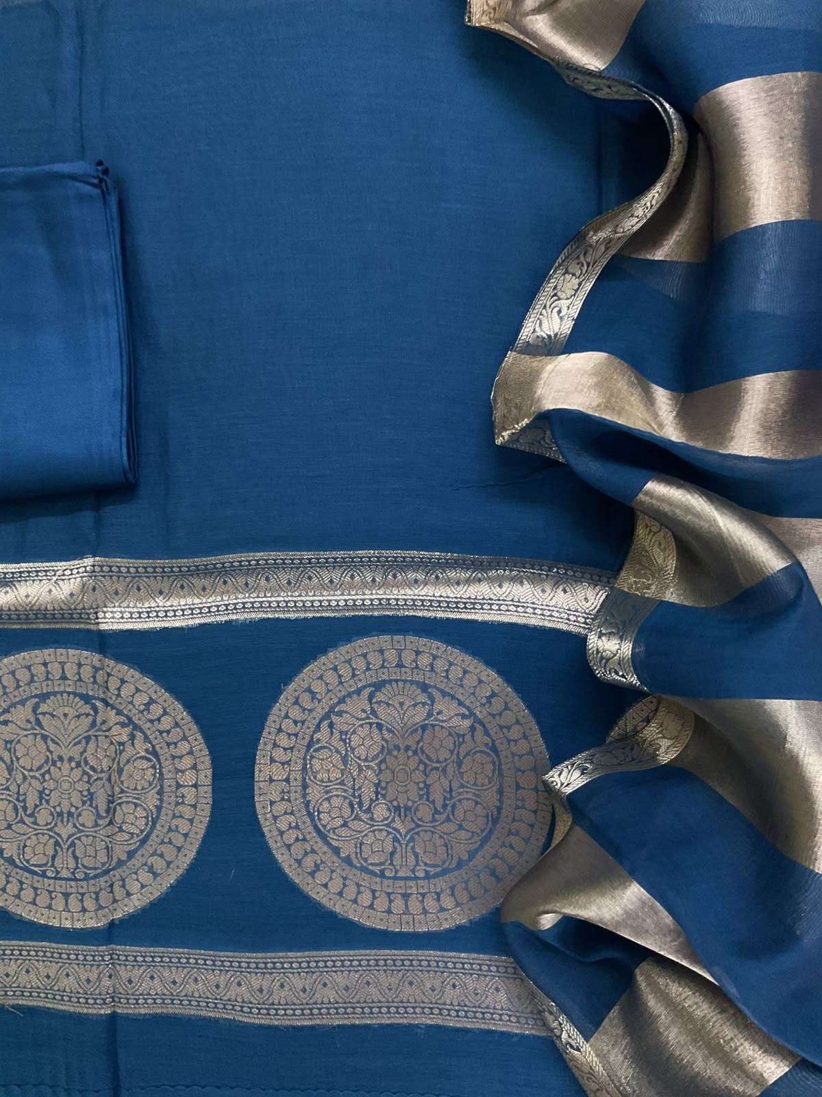 Pure Mul Chanderi Tissue Banarasi Weaved Suit - Blue