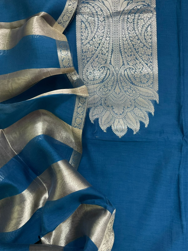Image of Pure Mul Chanderi Tissue Banarasi Weaved Suit - Blue
