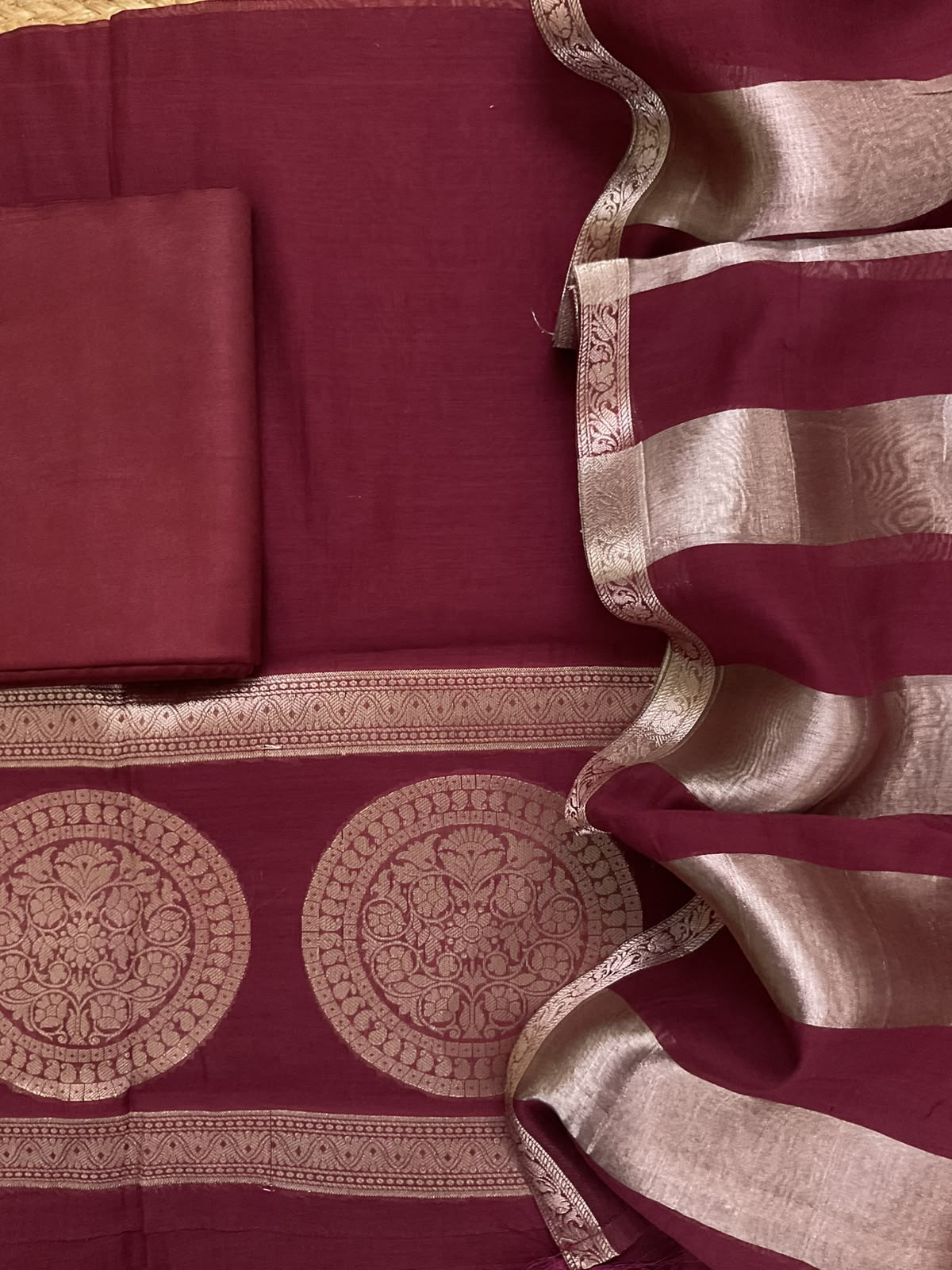 Pure Mul Chanderi Tissue Banarasi Weaved Suit - Maroon
