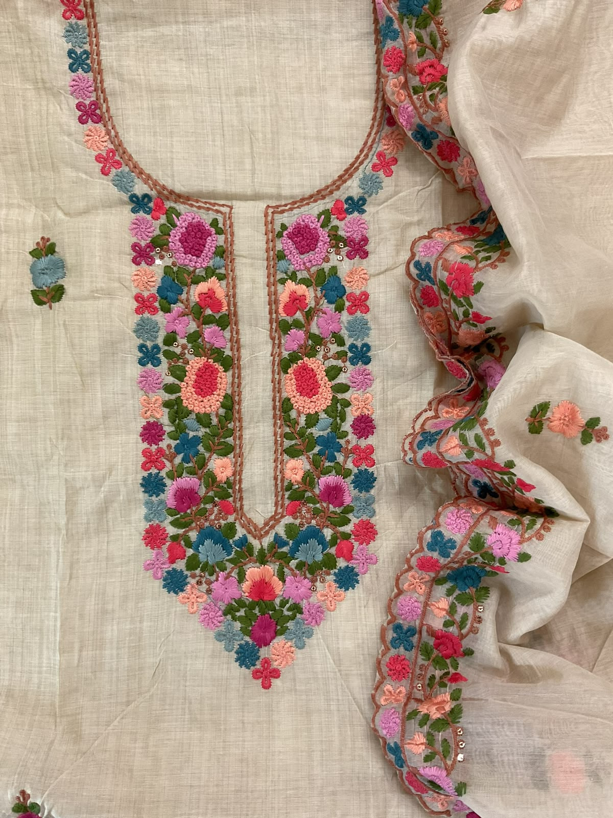 Soft Slub Chanderi Embroidered Suit - Beige