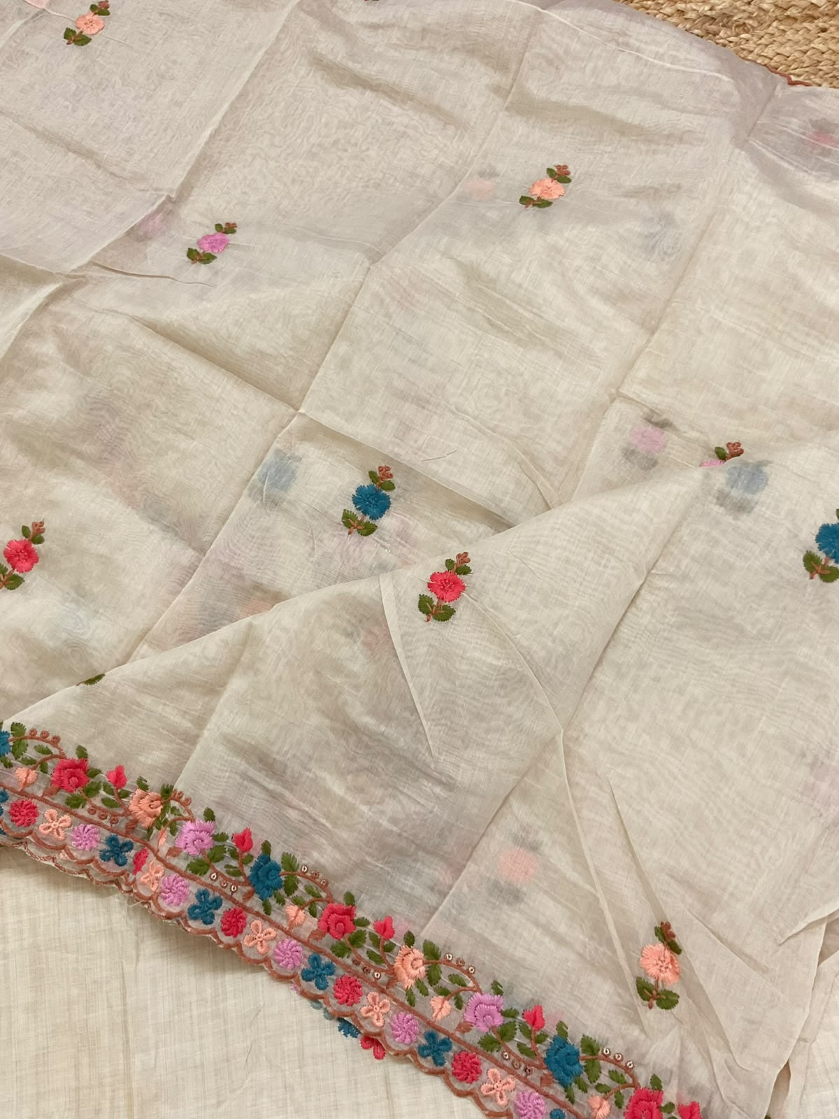 Soft Slub Chanderi Embroidered Suit - Beige