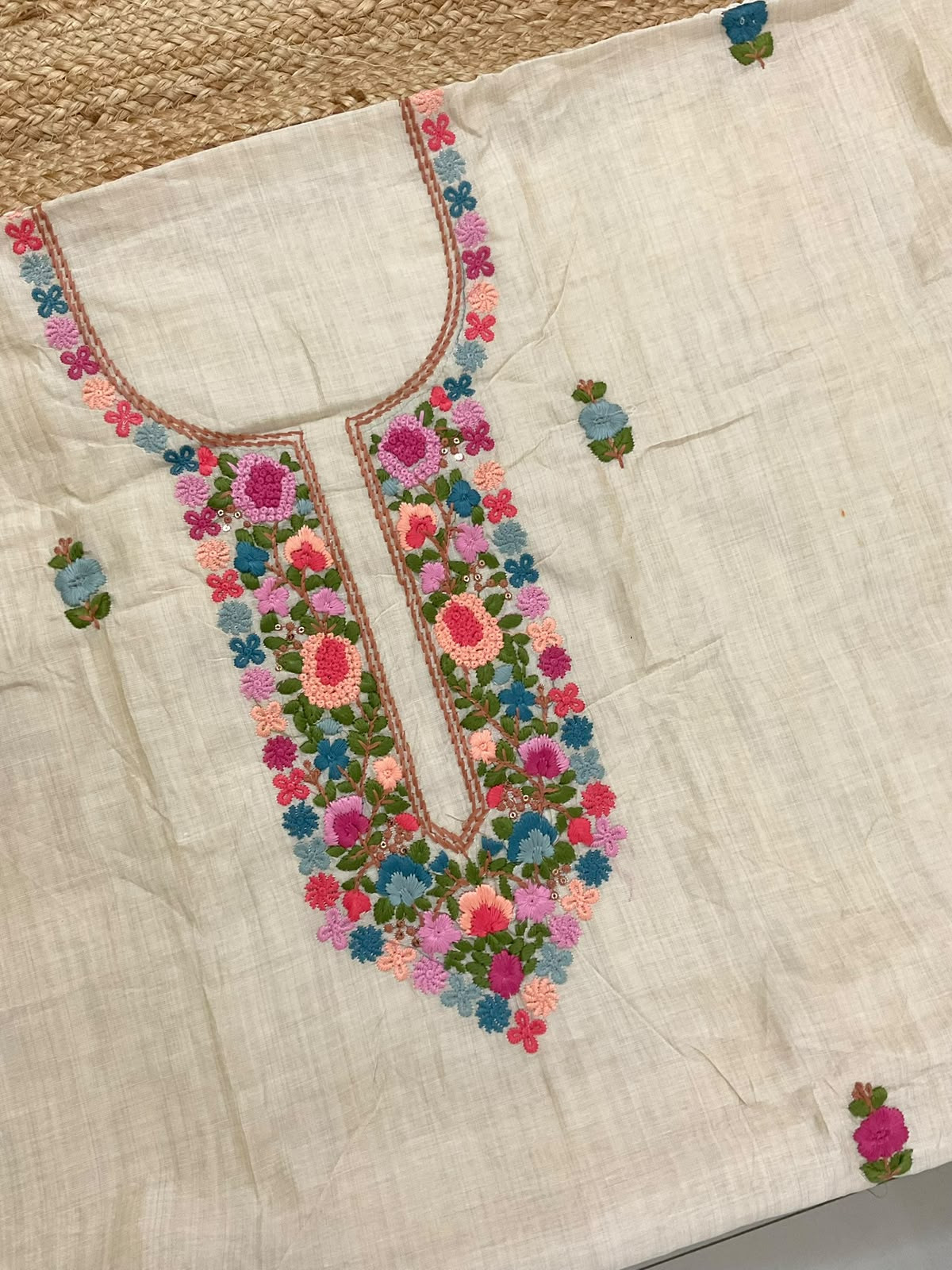 Soft Slub Chanderi Embroidered Suit - Beige