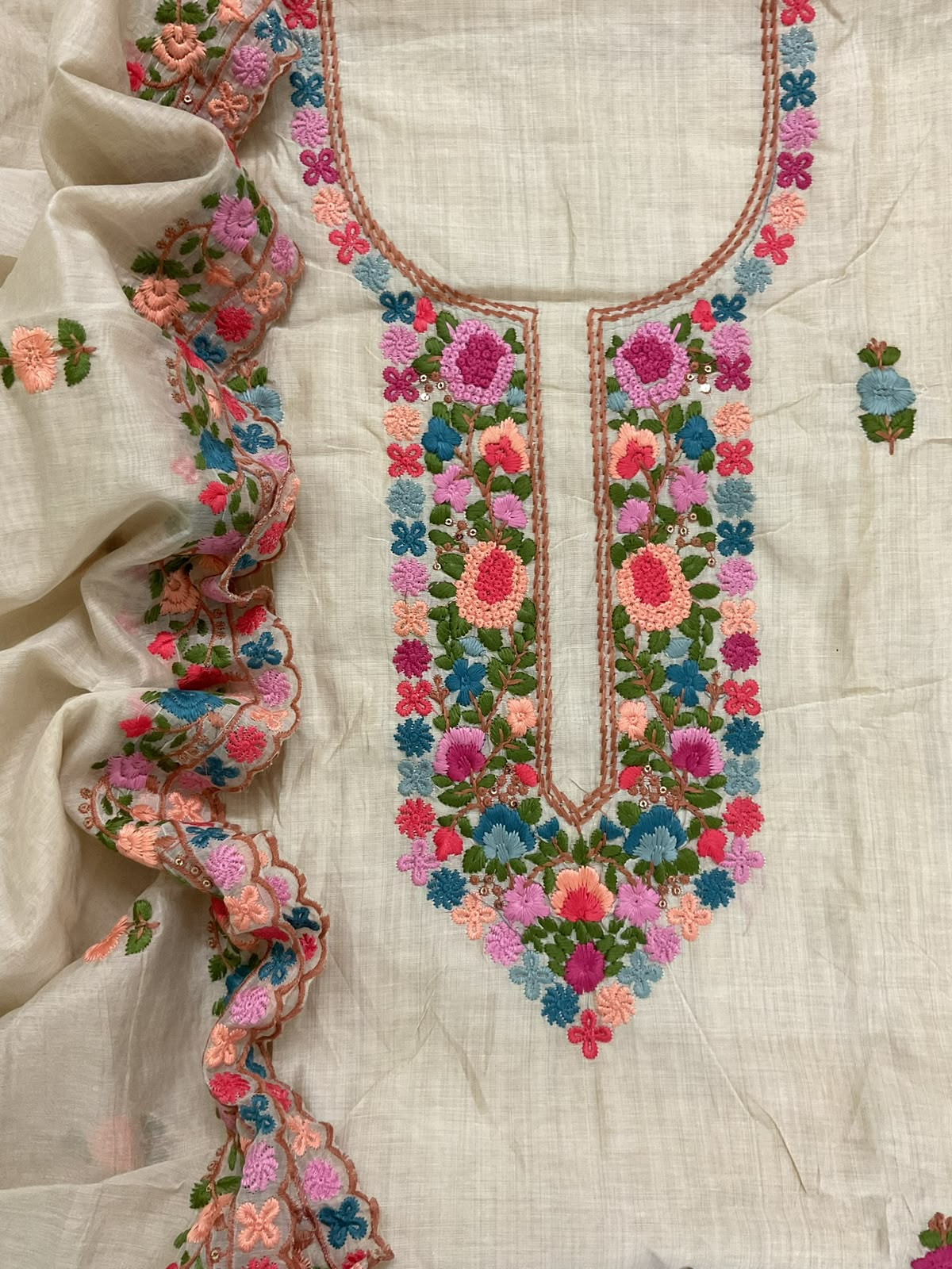 Soft Slub Chanderi Embroidered Suit - Beige