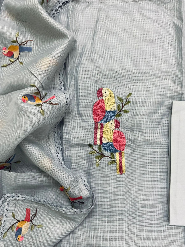 Image of Soft Kota Silk Embroidered Suit - Grey