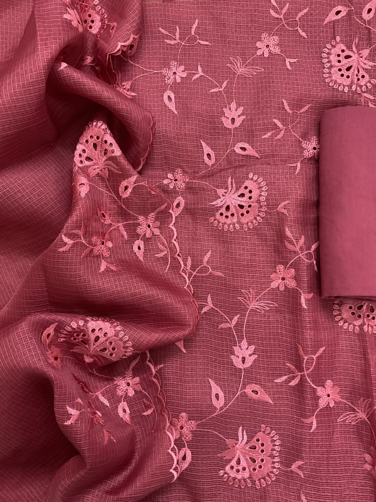 Image of Soft Kota Silk Embroidered Suit - Peachish Pink