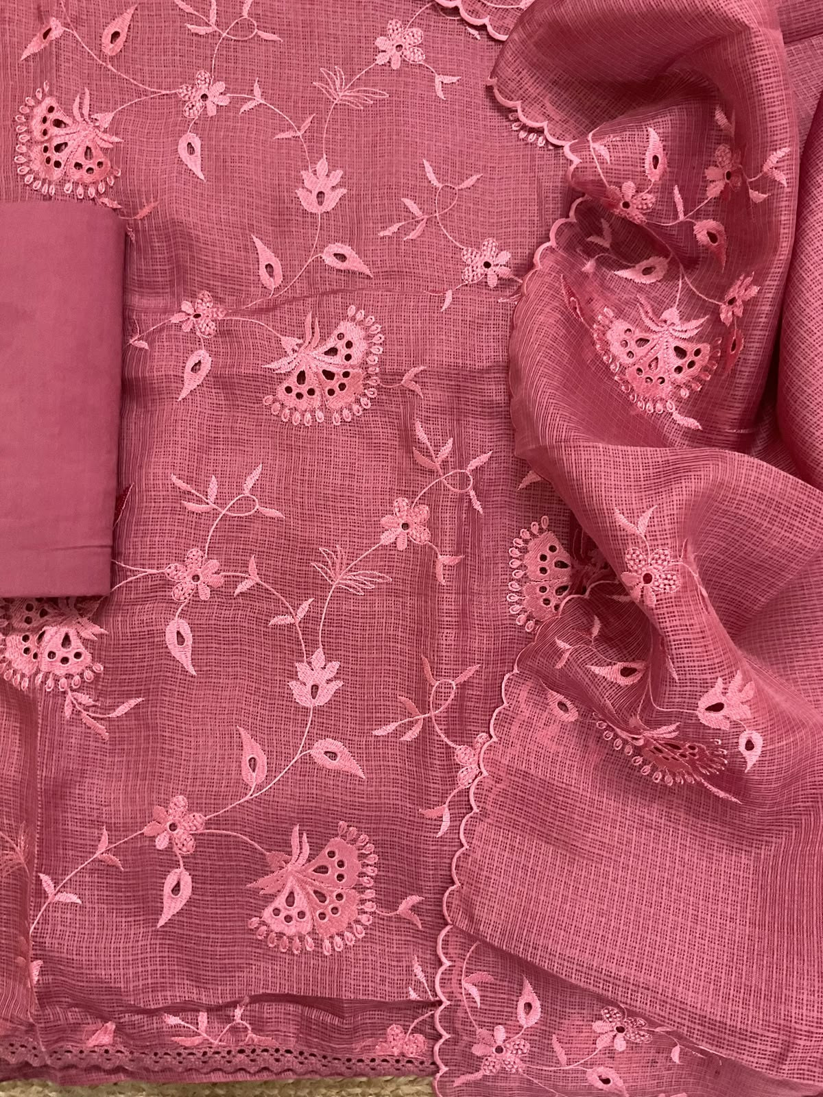Soft Kota Silk Embroidered Suit - Peachish Pink