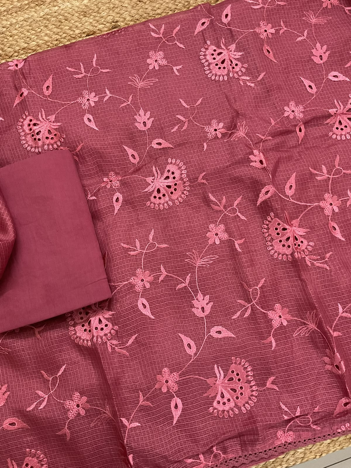 Soft Kota Silk Embroidered Suit - Peachish Pink