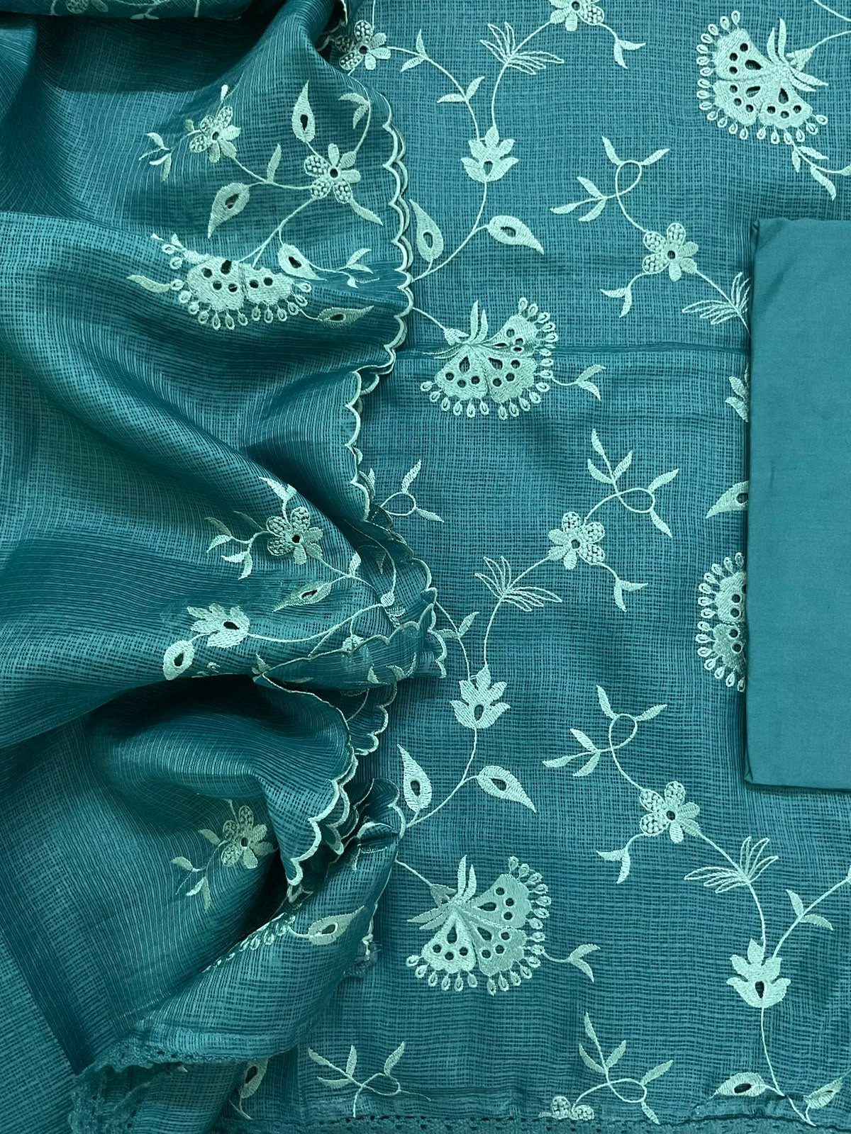 Soft Kota Silk Embroidered Suit - Blue