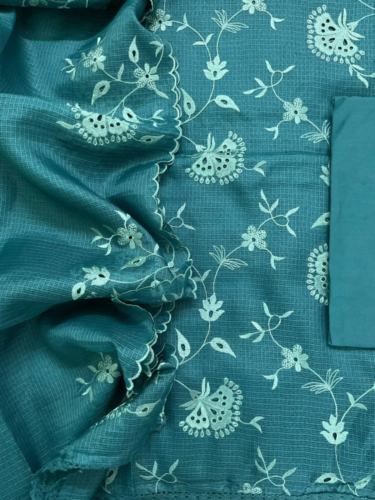 Image of Soft Kota Silk Embroidered Suit - Blue