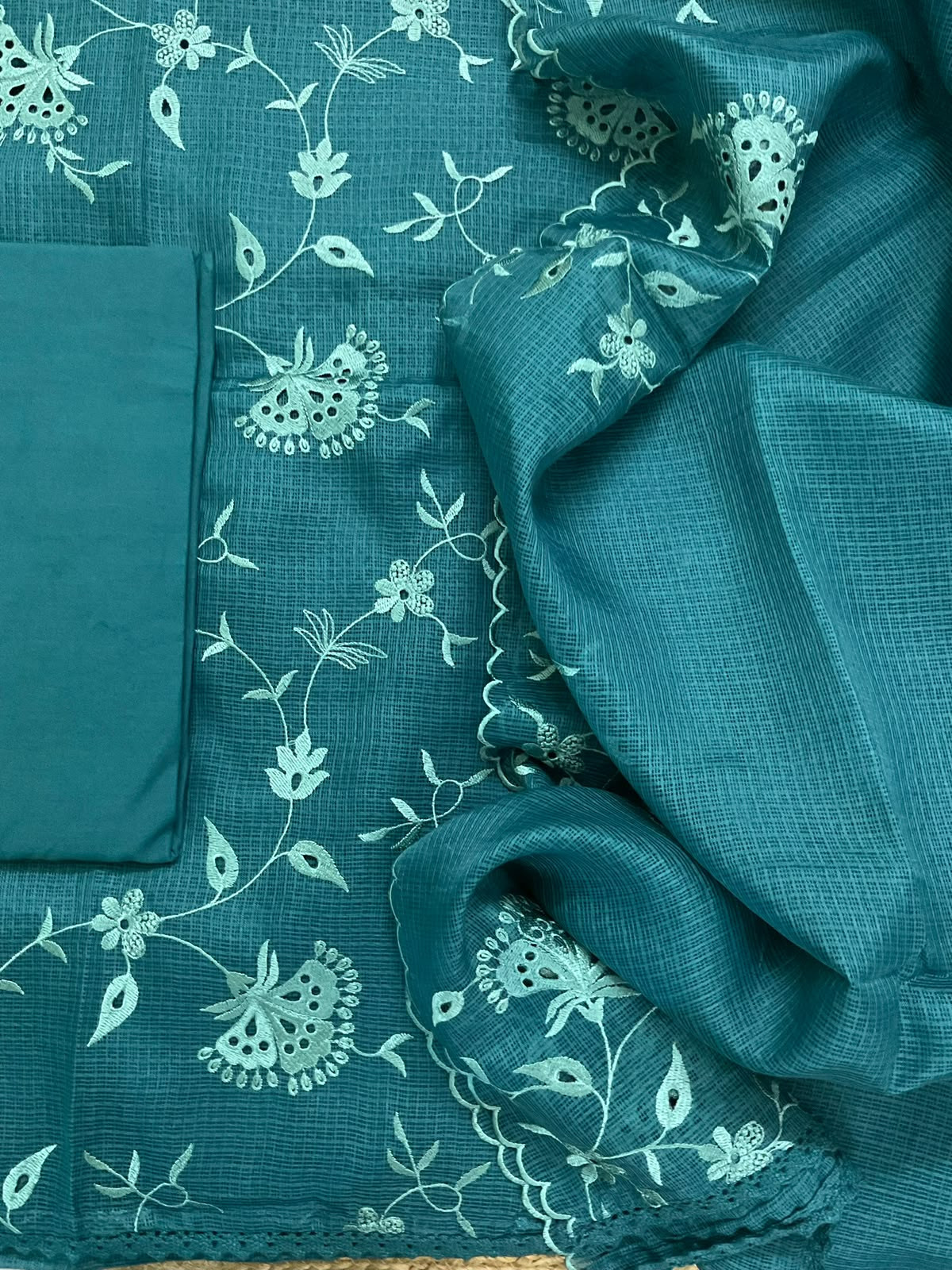 Soft Kota Silk Embroidered Suit - Blue