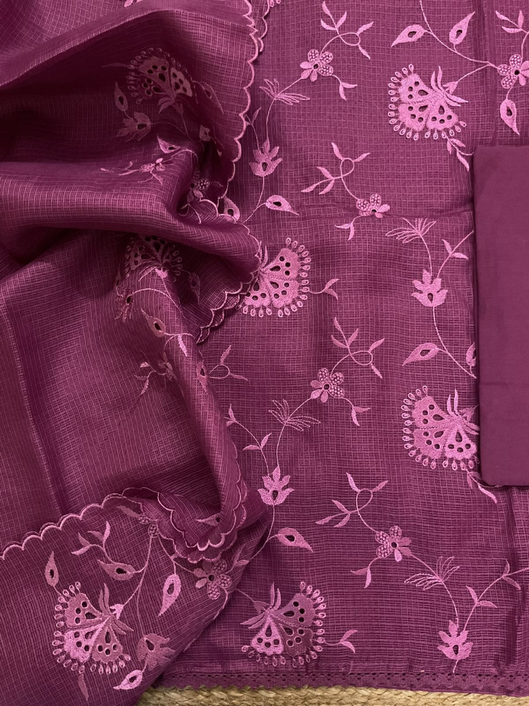 Image of Soft Kota Silk Embroidered Suit - Magenta