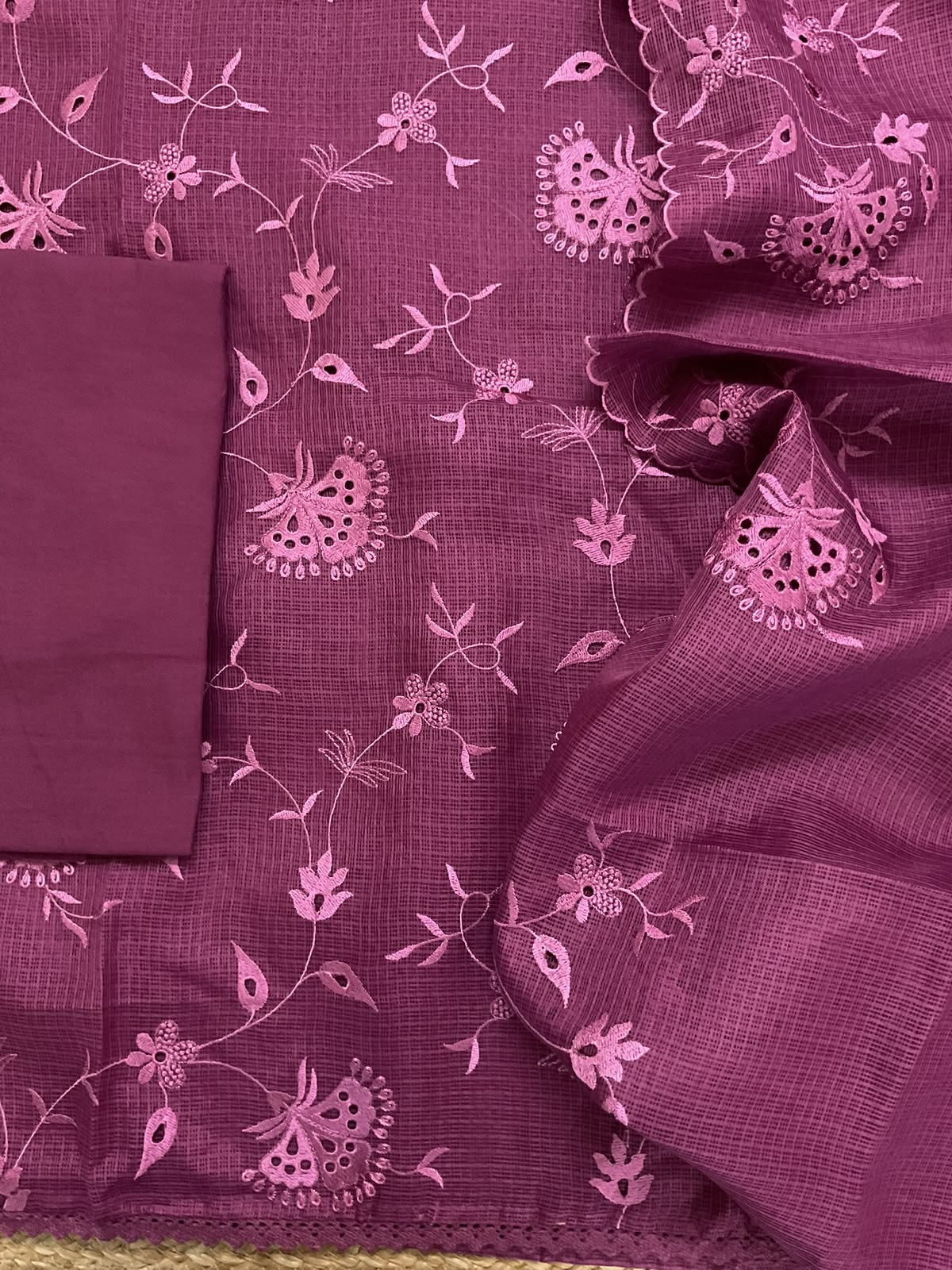 Soft Kota Silk Embroidered Suit - Magenta