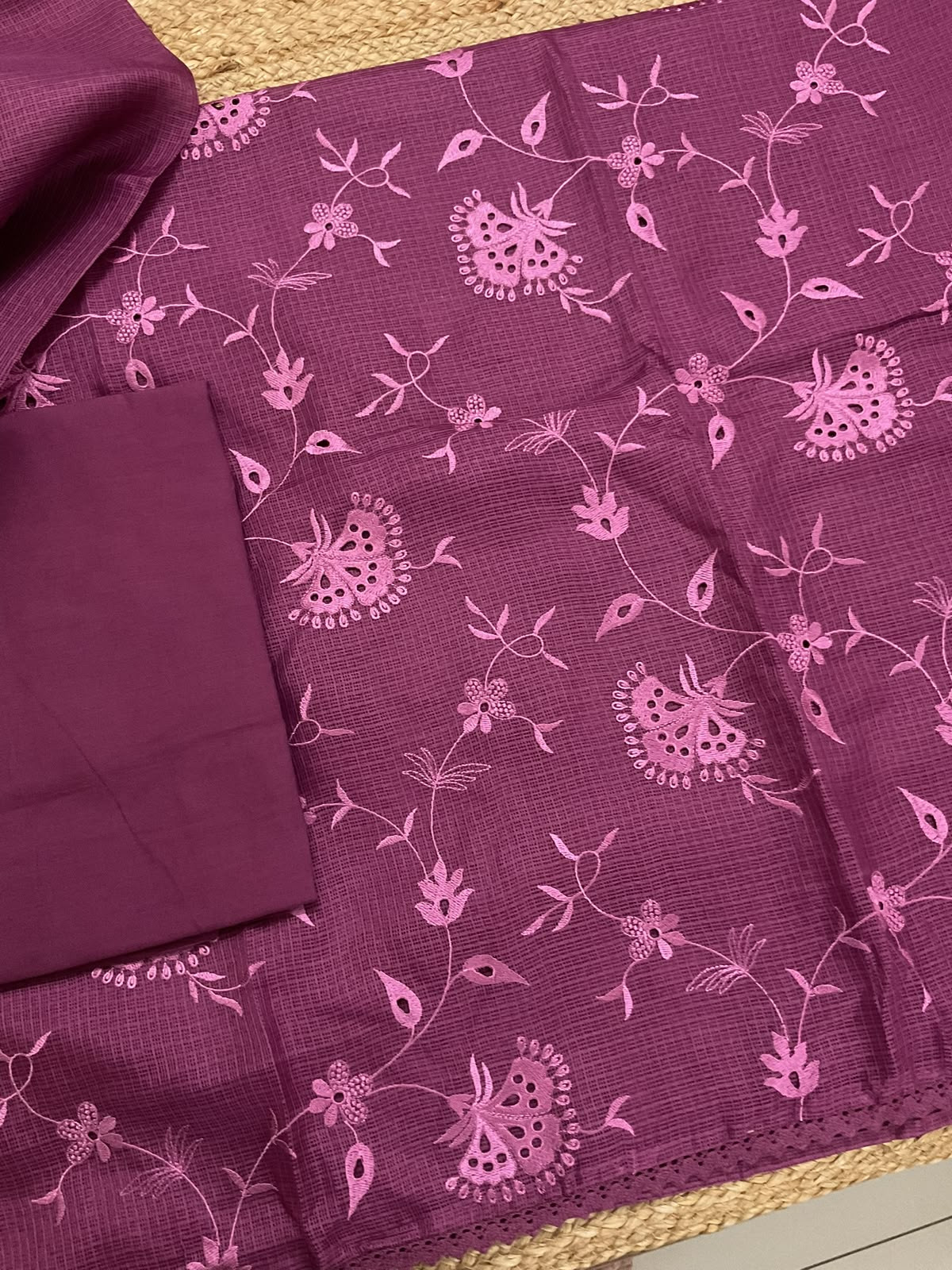 Soft Kota Silk Embroidered Suit - Magenta