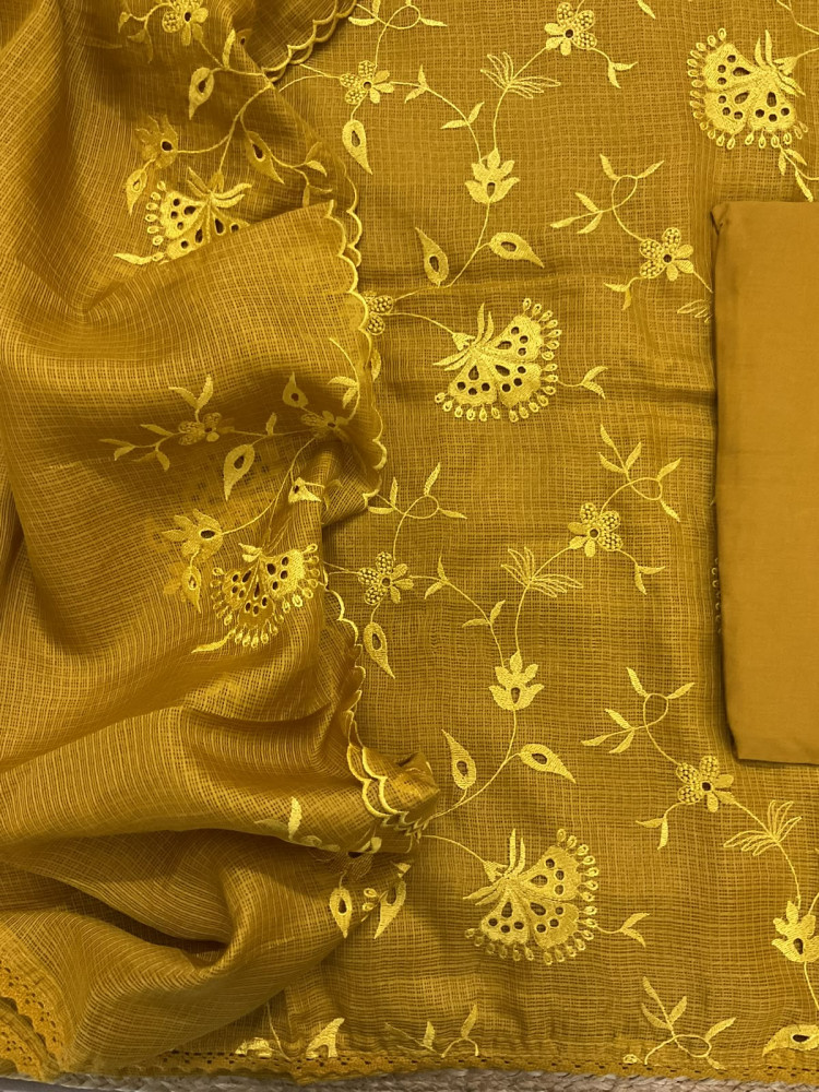 Image of Soft Kota Silk Embroidered Suit - Yellow