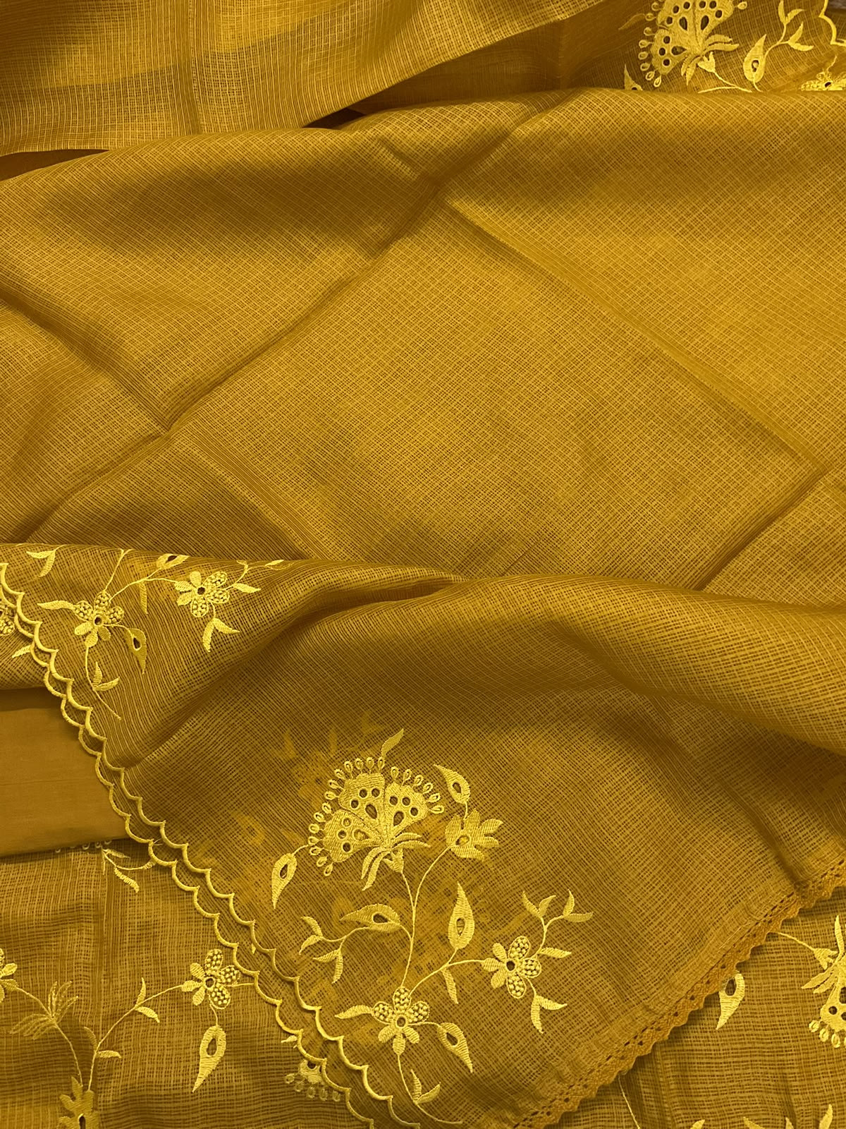 Soft Kota Silk Embroidered Suit - Yellow