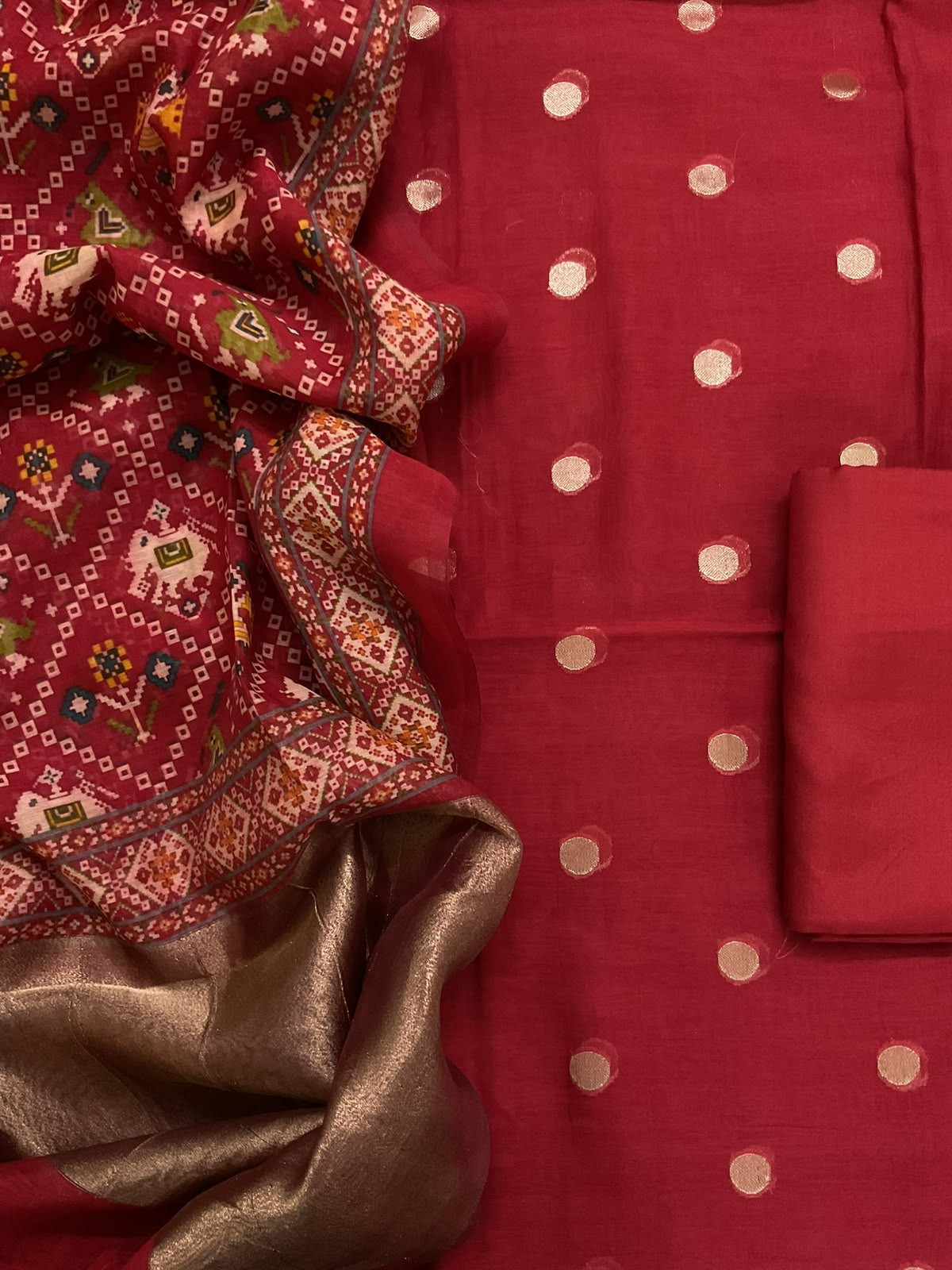 Pure Mul Chanderi Printed Banarasi Weaved Suit - Dark Red