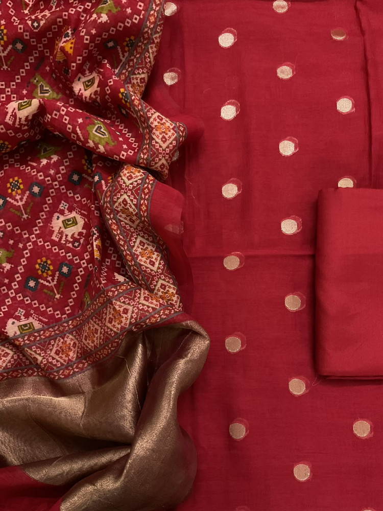 Image of Pure Mul Chanderi Printed Banarasi Weaved Suit - Dark Red