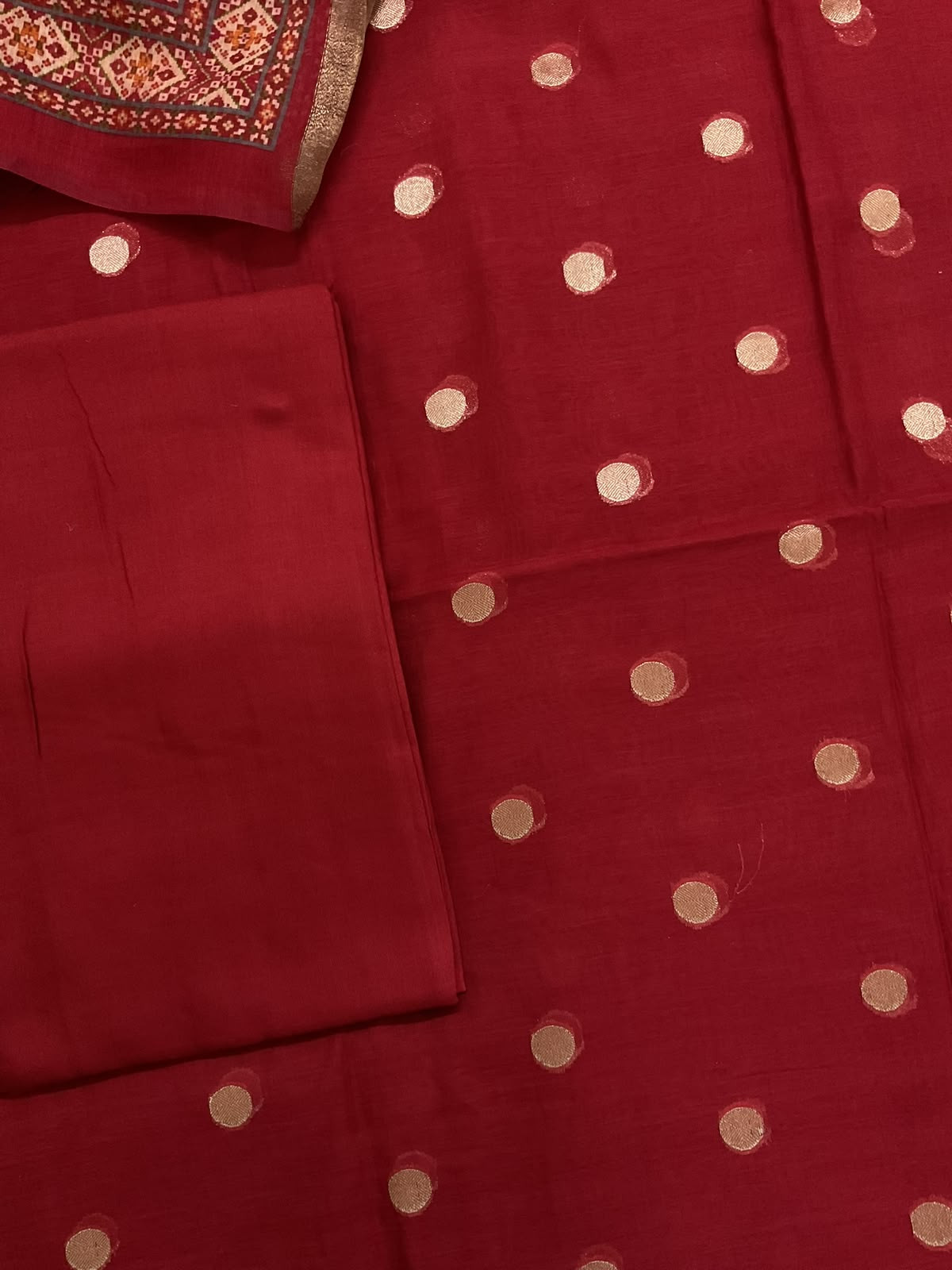 Pure Mul Chanderi Printed Banarasi Weaved Suit - Dark Red