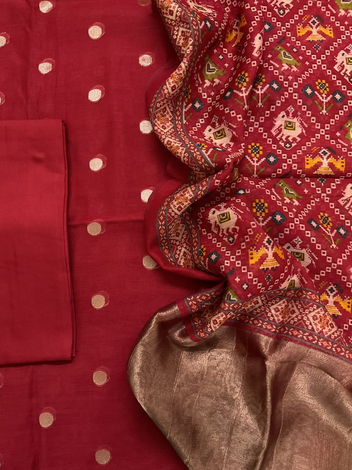 Pure Mul Chanderi Printed Banarasi Weaved Suit - Dark Red