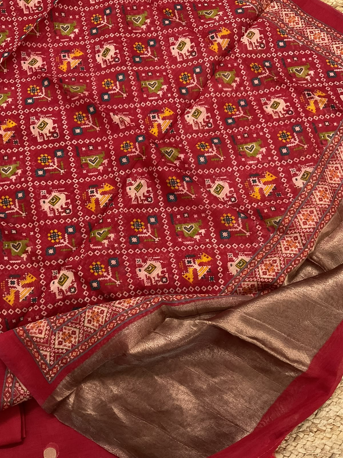 Pure Mul Chanderi Printed Banarasi Weaved Suit - Dark Red