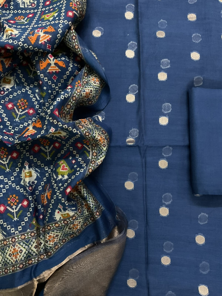 Image of Pure Mul Chanderi Printed Banarasi Weaved Suit - Blue